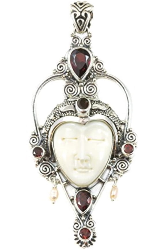 Sterling Silver Moon Face Goddess Necklace Pendant Simulated Garnet Freshwater Cultured Pearls Filigree Designed for Adult Women
