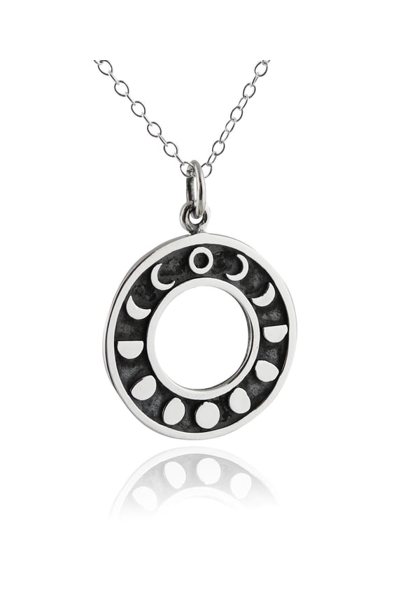 Sterling Silver Moon Phases Round Pendant Necklace, 18" Chain