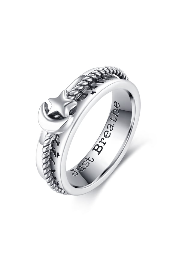 Sterling Silver Moon Star Anxiety Spinner Rings Fidget Rotatable Mood Rings for Women Men Relieve Worry Stress Gift Size 6
