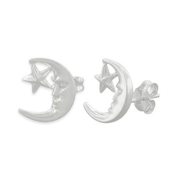 Sterling Silver Moon & Star Stud Earrings for Female Adult Women Teens - 13mm