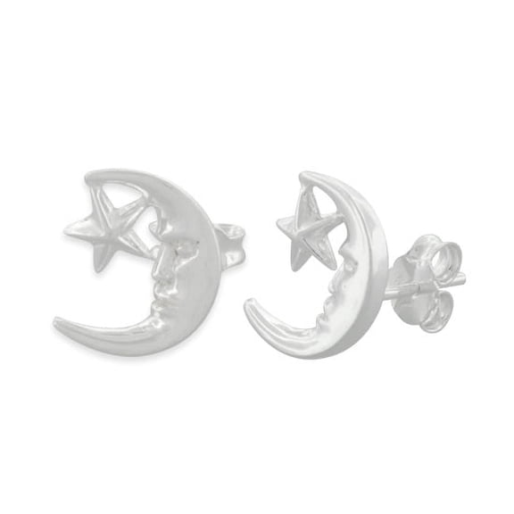 SilverCloseOut Sterling Silver Moon & Star Stud Earrings