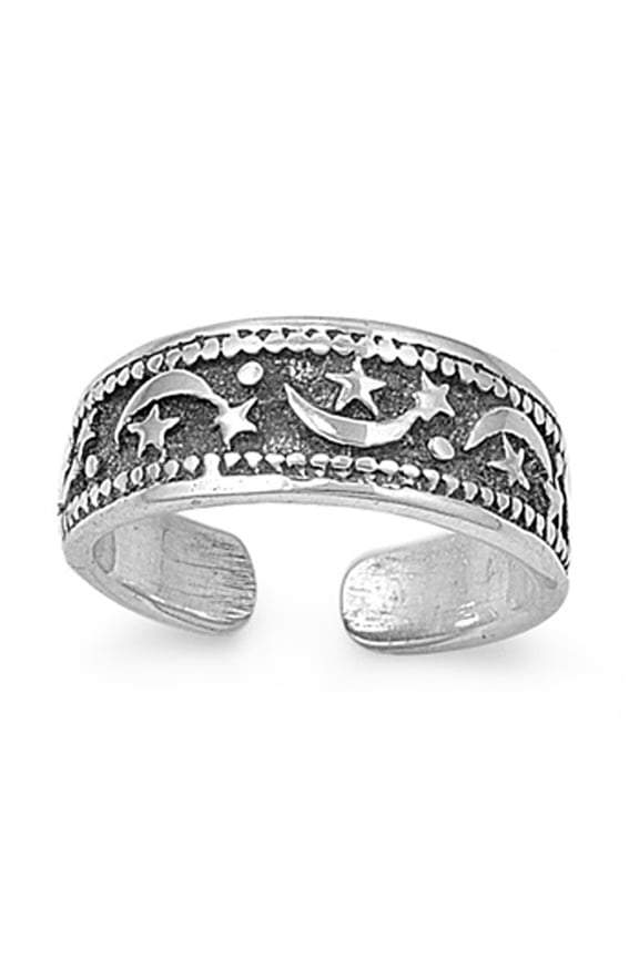 Sterling Silver Moon & Star Toe Ring Adjustable Astrological Midi Band Jewelry Female Unisex