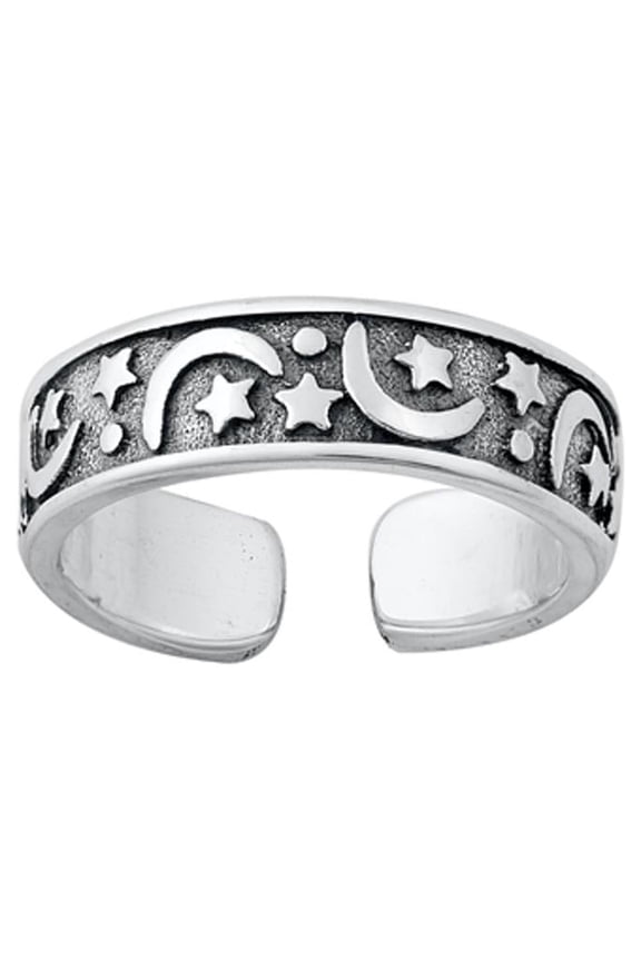 Sterling Silver Moon & Stars Toe Ring Adjustable Oxidized Midi Band 925 New Jewelry Female Unisex