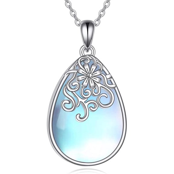 Sterling Silver Moonstone/Abalone Shell/Turquoise Filigree Teardrop Necklace Jewelry for Women