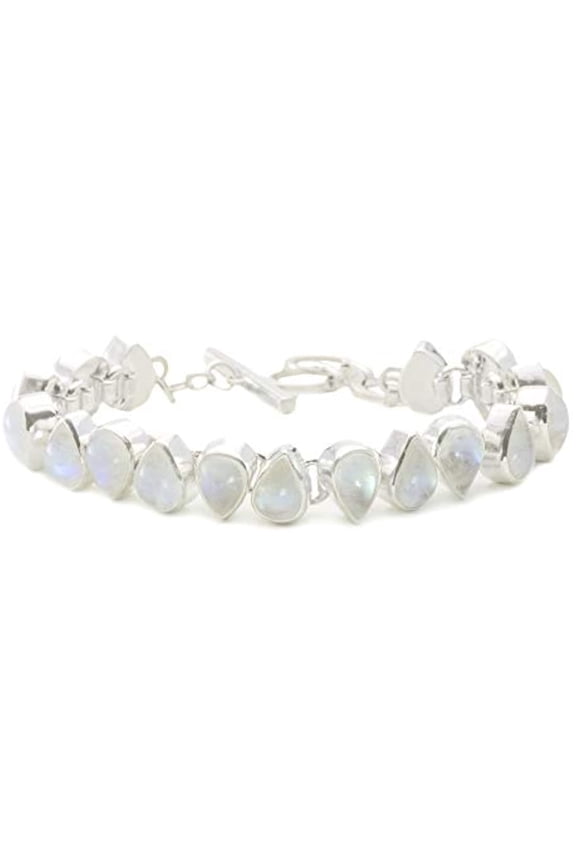 Sterling Silver Moonstone Bracelet Rainbow Blue Flash Teardrop Shaped Solid Band Adjustable, 6.5" 7.5" Designed for Adult Women