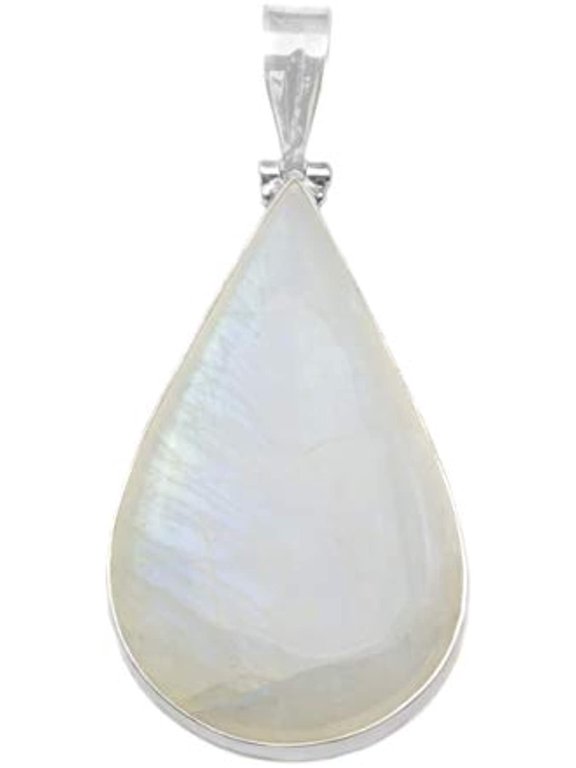 Sterling Silver Moonstone Necklace Pendant Large Bezel Set Rainbow Blue Teardrop Shape Designed for Adult Women