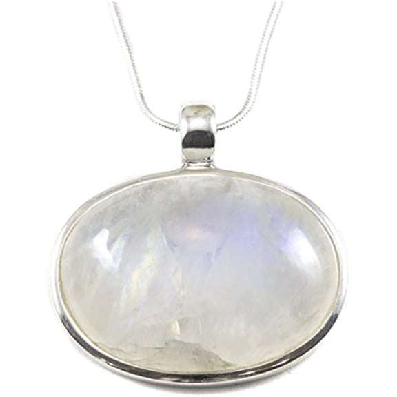 Sterling Silver Moonstone Pendant And Snake Chain Necklace Rainbow Blue Cabochon, 20" Designed for Adult Women