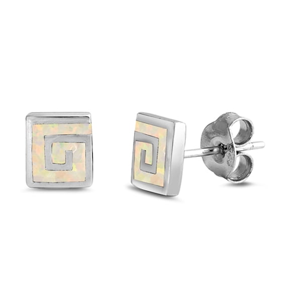 Sterling Silver Mosaic Greek Key Geometric Modern Earrings White Simulated Opal Jewelry Female