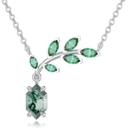 Sterling Silver Moss Agate Pendant Necklace for Women Hexagonal Moss Agate Zircon Branch Pendant Necklace Jewelry Birthday Gift Valentines Day Christmas for Her