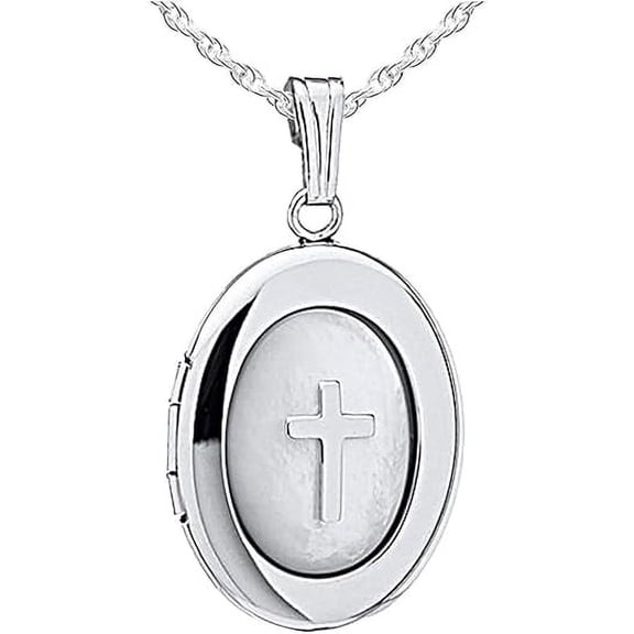 Sterling Silver Mother Of Pearl Cross Oval Photo Locket