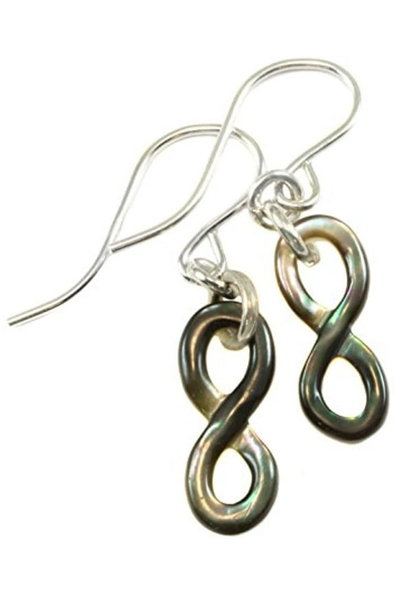 Sterling Silver Mother of Pearl Earrings Carved Infinity Black Oyster Iridescent Rainbow Shell MOP Dangle Drops Designed for Adult Women