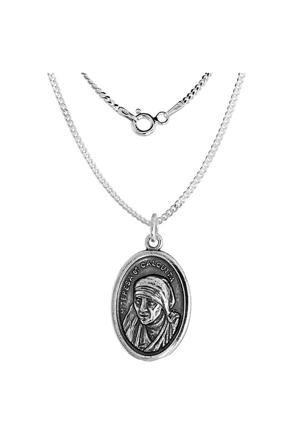 Sterling Silver Mother Teresa Medal Necklace Oval 16 inch