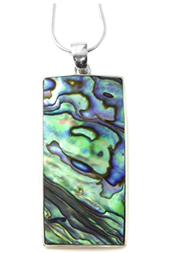 Sterling Silver Abalone Necklace Rectangle Pendant Bezeled Snake Chain, 20" Designed for Adult Women
