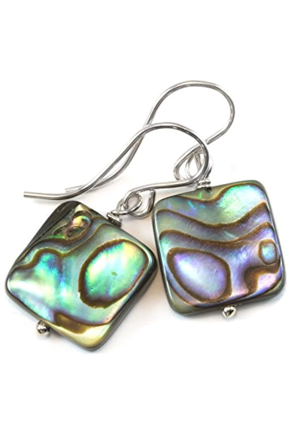 Sterling Silver Pearl Earrings Abalone Paua Shell Peacock Blue Simple MOP Square Everyday Dangles Designed for Adult Women