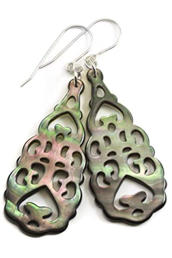 Sterling Silver Mother of Pearl Earrings Black Shell Iridescent Large Carved Relief Long Teardrop 2.4 Inches Designed for Adult Women