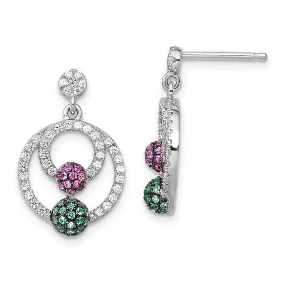 Brilliant Embers Sterling Silver Rhodium-plated 152 Stone Multi Micro Pav Green Red and White CZ Circle Dangle Post Earrings