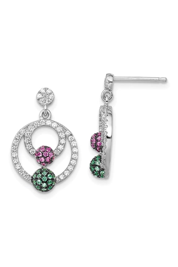 Brilliant Embers Sterling Silver Rhodium-plated 152 Stone Multi Micro Pav Green Red and White CZ Circle Dangle Post Earrings