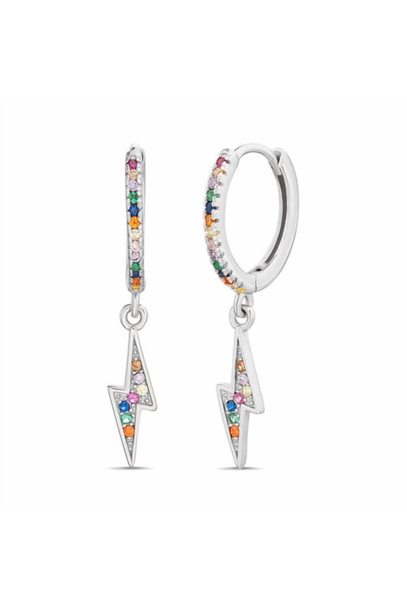 Sterling Silver Multi-Color CZ Dangling Lightning Bolt Huggie Earrings