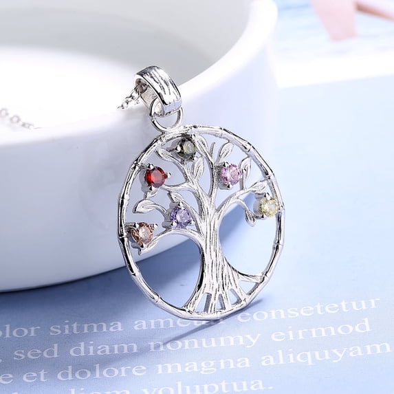 Sterling Silver Multi-Color Gemstone Tree of Life Pendant Necklace