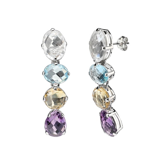 Sterling Silver Multi Color Genuine Stones Long Drop & Dangle Earrings