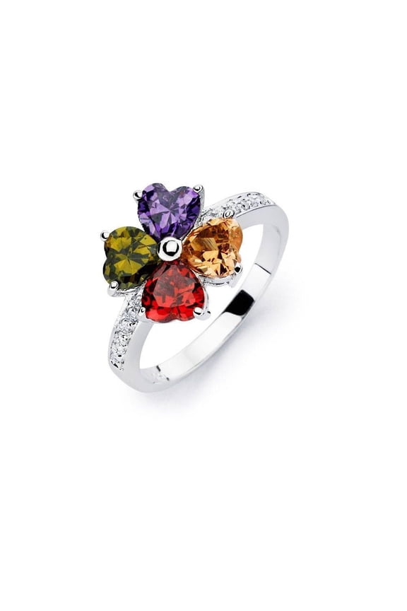 Sterling Silver Multi Colored 6mm CZ Hearts In A Flower Pattern. 3 TCW all CZs Ring