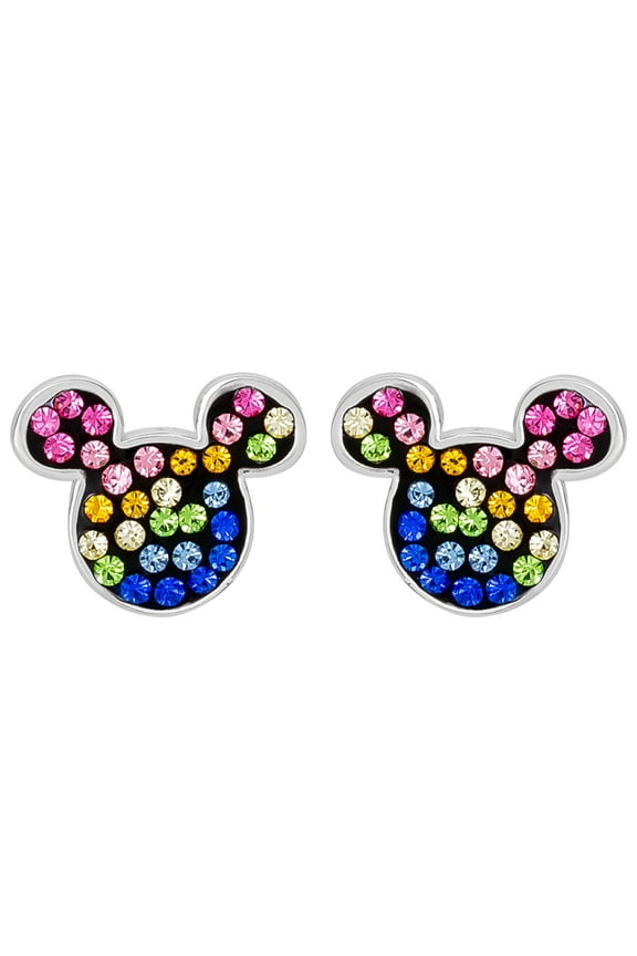 Women's Sterling Silver Multi Crystal Mickey Head Earrings