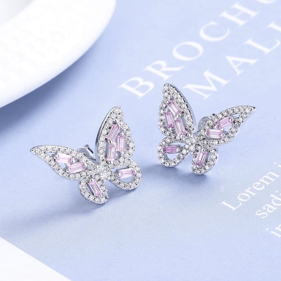 Sterling Silver Multi-Cut Pink Crystal Butterfly Earrings