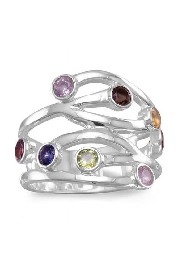 Sterling Silver Multi Gemstone Open Design Wide Ring - Size 8