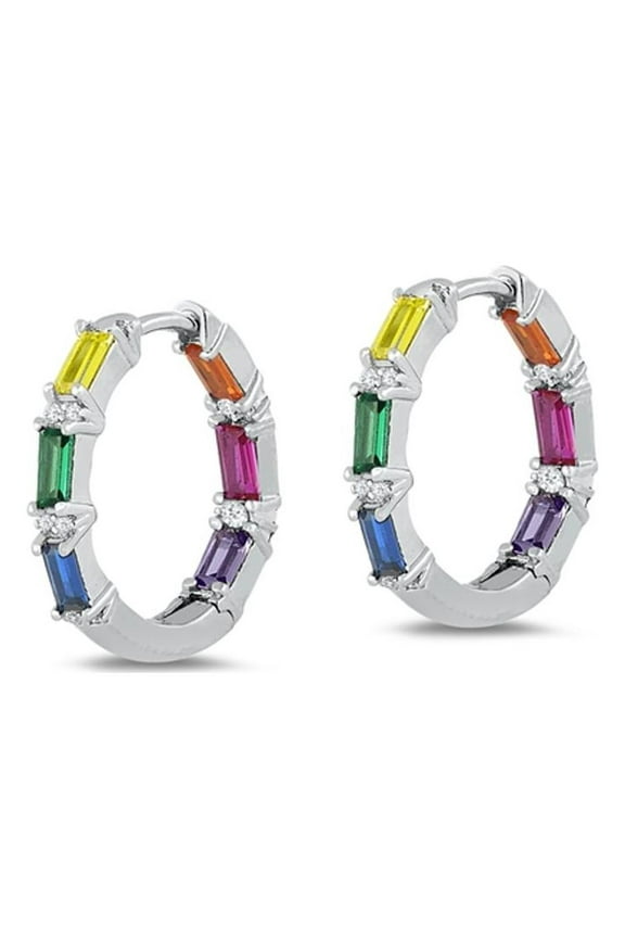 Sterling Silver Multi-color Cubic Zirconia Rainbow Pride Hoop Earrings 925 New Jewelry Female Unisex