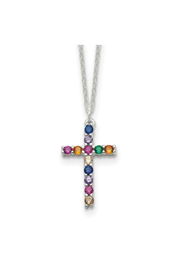 Sterling Silver Multicolor CZ Cross Pendant Necklace for Men and Women with Extender Chain Rainbow Gemstone Religious Jewelry Spiritual Unisex Fashion Necklace
