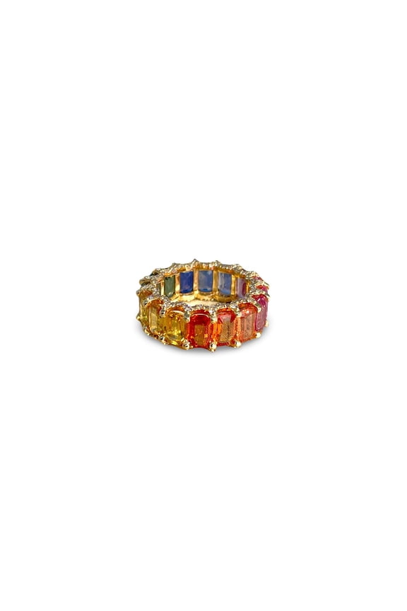Sterling Silver Multicolour Rainbow Sapphire Ring Baguette Cut Gemstone Band For Women