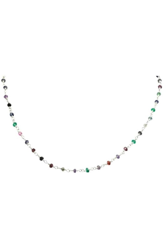 Sterling Silver Multiple Gemstone Necklace Beaded Silvertone Chain Onyx Quartz Amethyst Peridot, 18" Designed for Adult Women