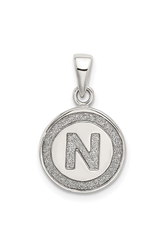 925 Sterling Silver Initial N Round Pendant Charm, Textured Monogram Disc