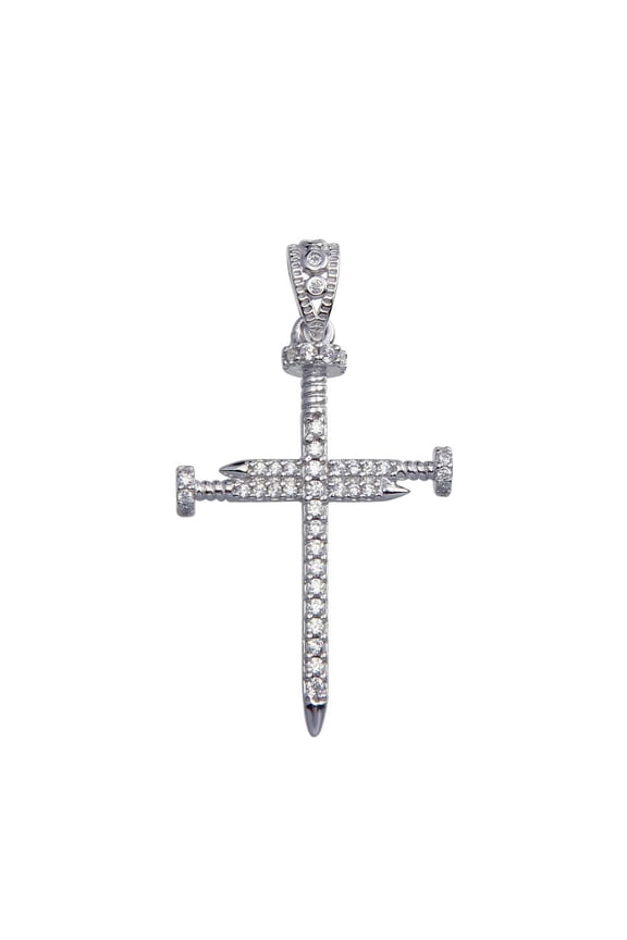 Sterling Silver Nail Cross Pendant with Micro Pave CZ Stones