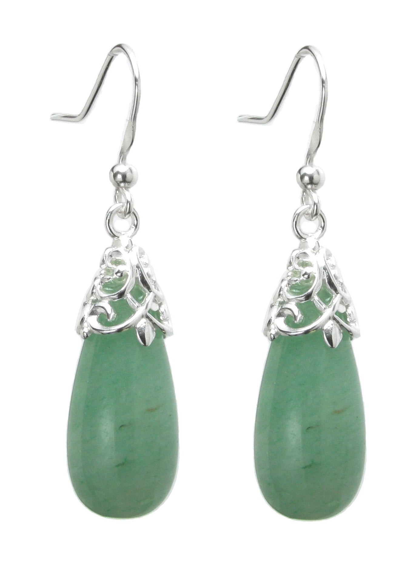 Sterling Silver Natural Aventurine Teardrop Dangle Filigree Flower French Hook Earrings