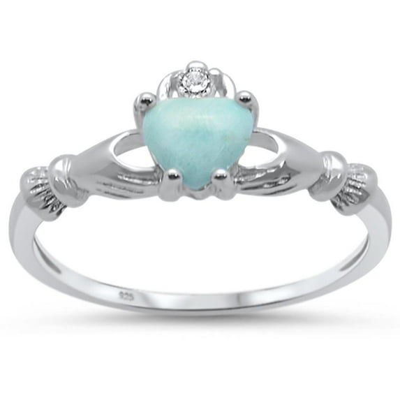 Sterling Silver Natural Larimar & Clear CZ Claddagh Ring Size 7