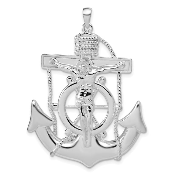 Sterling Silver Nautical Anchor Cross Pendant Necklace for Men and Women with Rope Detail and Ship Wheel Religious Faith Jewelry