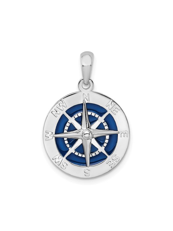 Sterling Silver Nautical Compass Pendant Necklace with Blue Enamel, Directional Markings and Rose Design, Symbolic Jewelry for Men and Women Seeking Adventure and Guidance