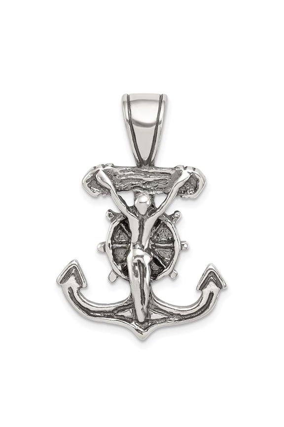 Sterling Silver Nautical Crucifix Cross Pendant for Men and Women with Anchor and Ship Wheel Ocean Religious Necklace Maritime Faith Jewelry Hammered Style Christian Symbol Accessories