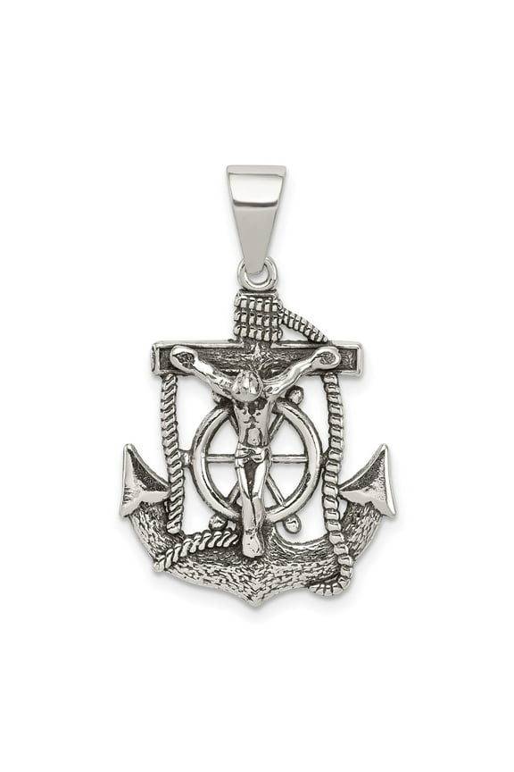 Sterling Silver Nautical Crucifix Cross Pendant Necklace with Anchor and Ship Wheel Charm Rope Detail Religious Maritime Necklace for Men and Women