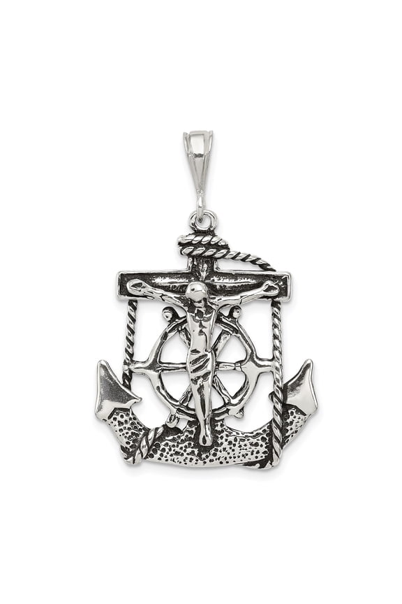 Sterling Silver Nautical Crucifix Cross Pendant for Men and Women with Anchor Rope Ship Wheel Detail Religious Christian Necklace