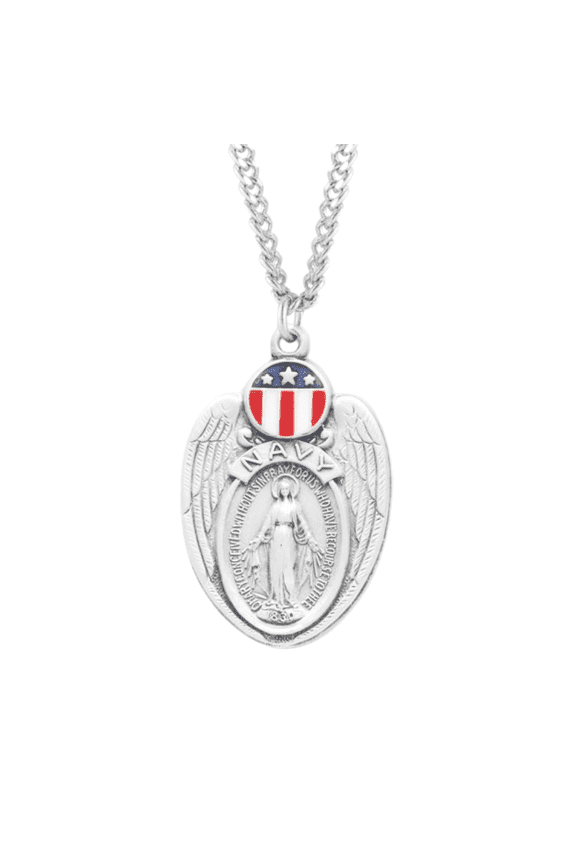 Sterling Silver Navy Shield Miraculous Medal with Red, White & Blue Enamel, 24" Endless Rhodium Plated Stainless Steel Chain, Made in USA - Deluxe Velvet Gift Box