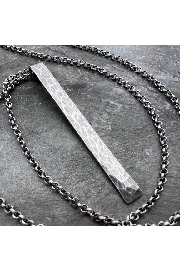 Sterling Silver Necklace - Handmade Hammered Bar Pendant | Artisan Silver Jewelry with Long Fine Chain