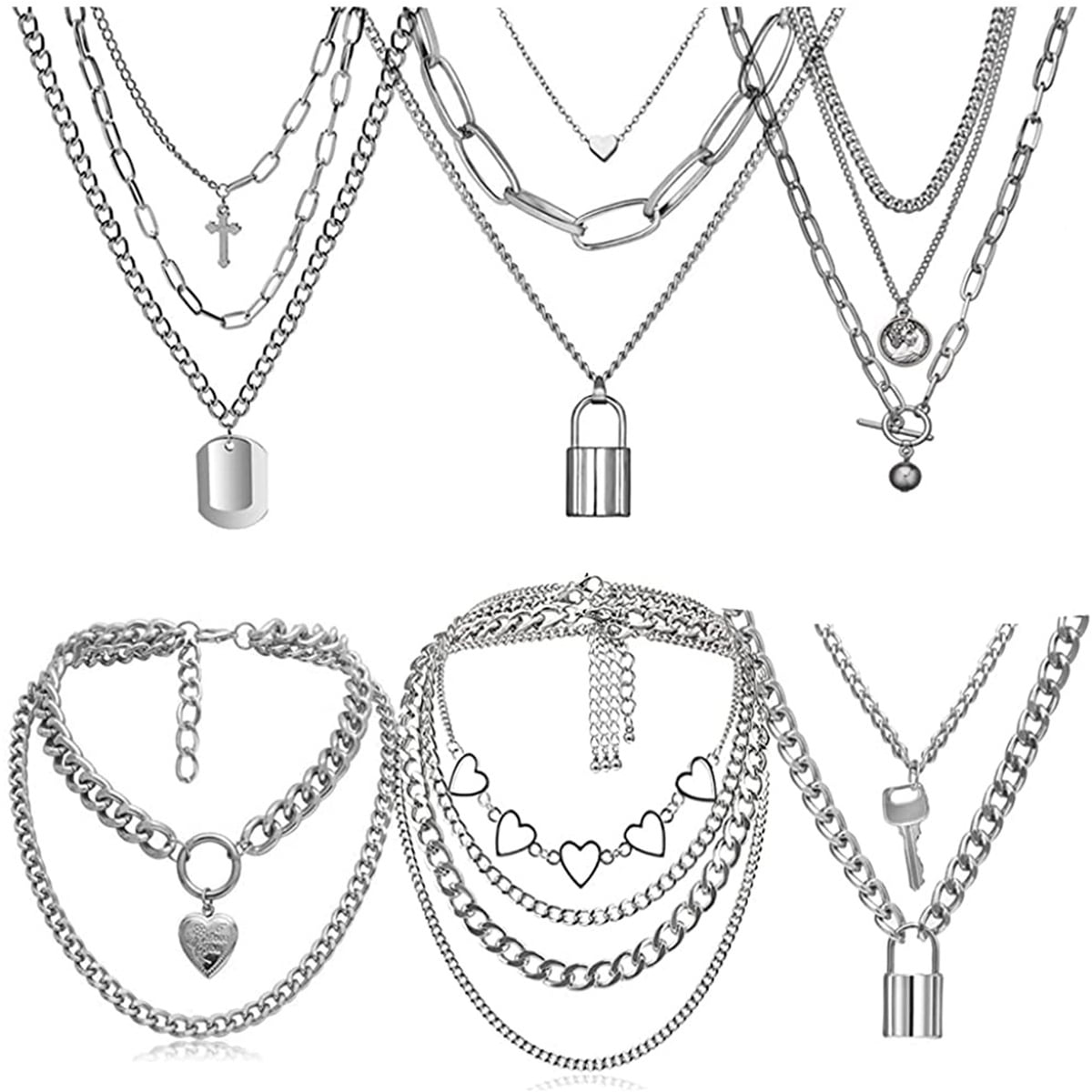 Silver Tone Layer Chain Necklace O-Ring, Punk Alt Emo e-boy e-girl Jewelry