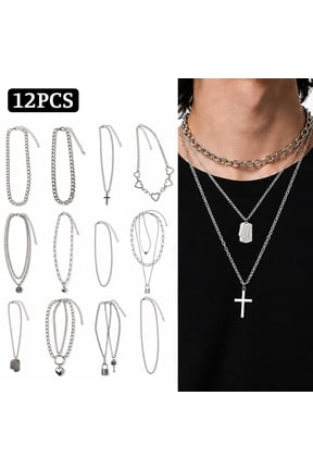Chain Necklace for Men Women, 12 Pcs Silver Plated Stainless Steel Chains Necklaces, Cross Pendant Necklace Simple Jewelry Gifts