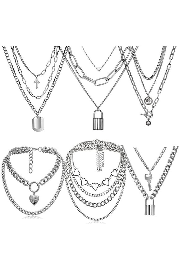 Sterling Silver Necklace Sliver Chain Necklace Men Goth Chains Punk Necklace for Women Long Multi layer Chains 6PCS