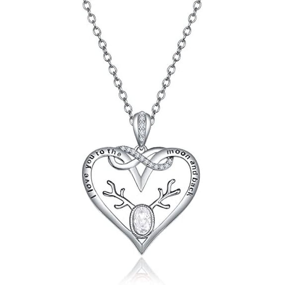 Sterling Silver Necklace for Women,I Love You to The Moon and Back Necklace Deer Pendent with Heart Shape,Jewelry Gift for Mother Daughter Sister Grandmother Best Friend,18" Cable Chain