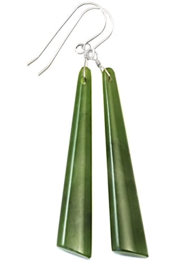 Sterling Silver Nephrite Jade Earrings Green Long Skinny Shape 2.6 Inches Long Simple Drops Designed for Adult Women