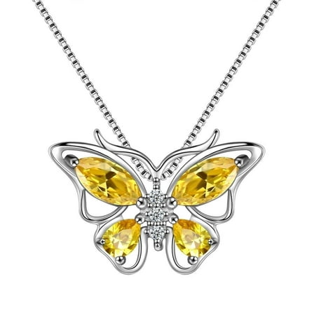 Juwaliy November Birthstone Necklace Citrine Yellow Butterfly Necklaces Sterling Silver Pendant Jewelry Women Christmas Mother's Day Gift for Mom Wife