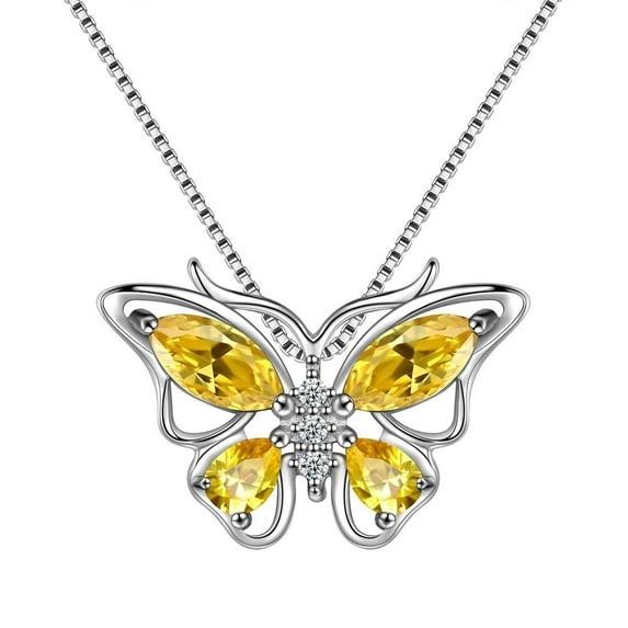 Juwaliy November Birthstone Necklace Citrine Yellow Butterfly Necklaces Sterling Silver Pendant Jewelry Women Christmas Mother's Day Gift for Mom Wife